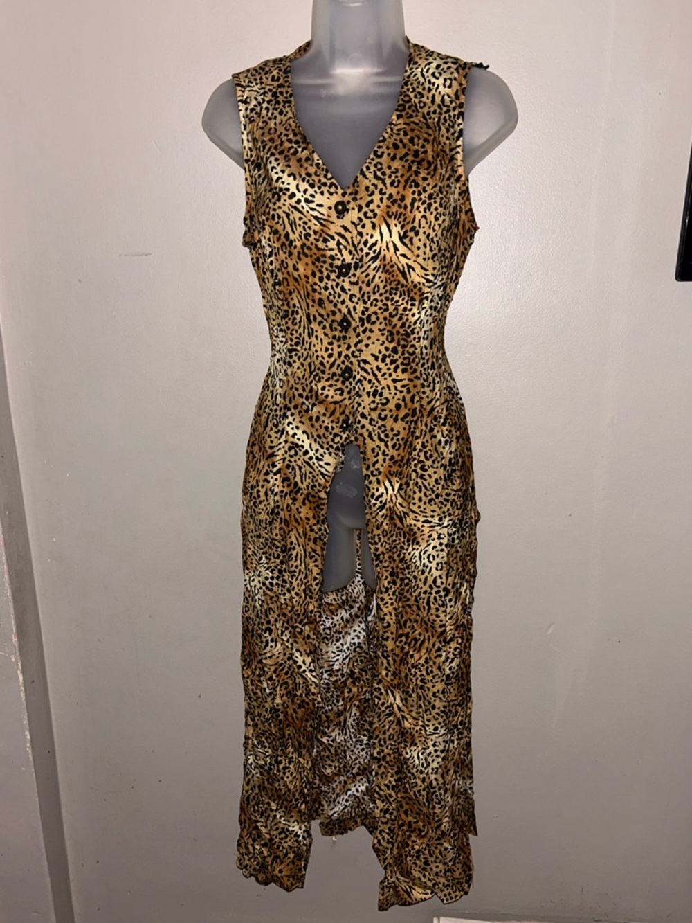 Vintage Animal Print Duster Length Vest - button front leopard w/high slits